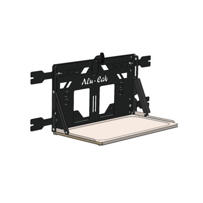 3D Zeichnung des AluCab Tisches für die Hecktür im aufgeklappten Zustand.