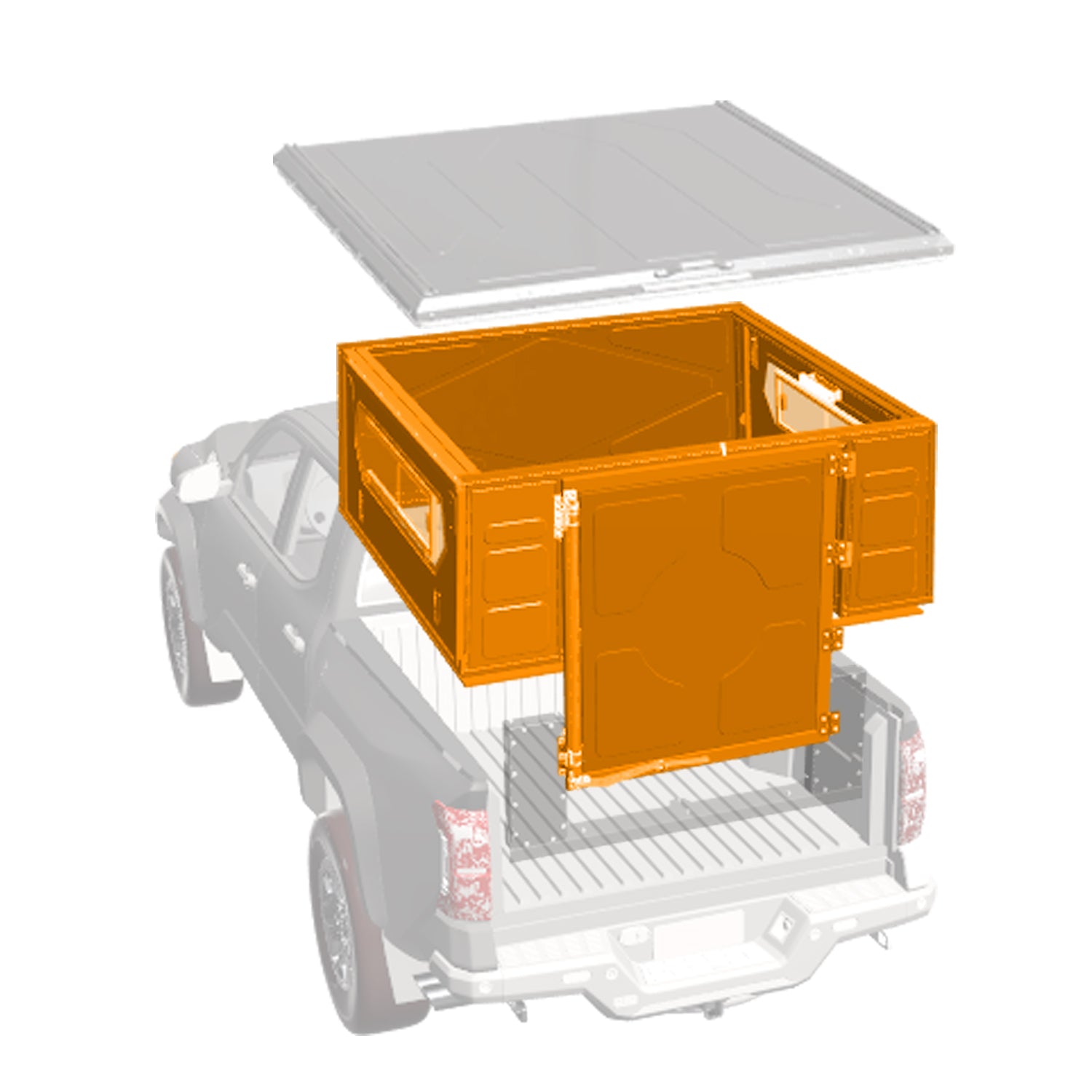 Zeichnung des Aufbaus des ModCAPs  auf einem Offroad Fahrzeug mit Fitting Kit, Base und Dach. Die Base ist Farblich hervorgehoben.
