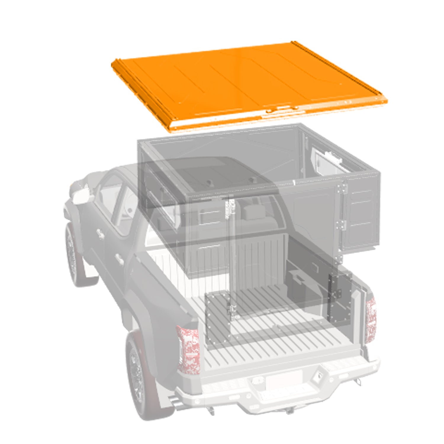Zeichnung des Aufbaus des ModCAP Workers  auf einem Offroad Fahrzeug mit Fitting Kit, Base und Dach. Das Dach ist Farblich hervorgehoben.