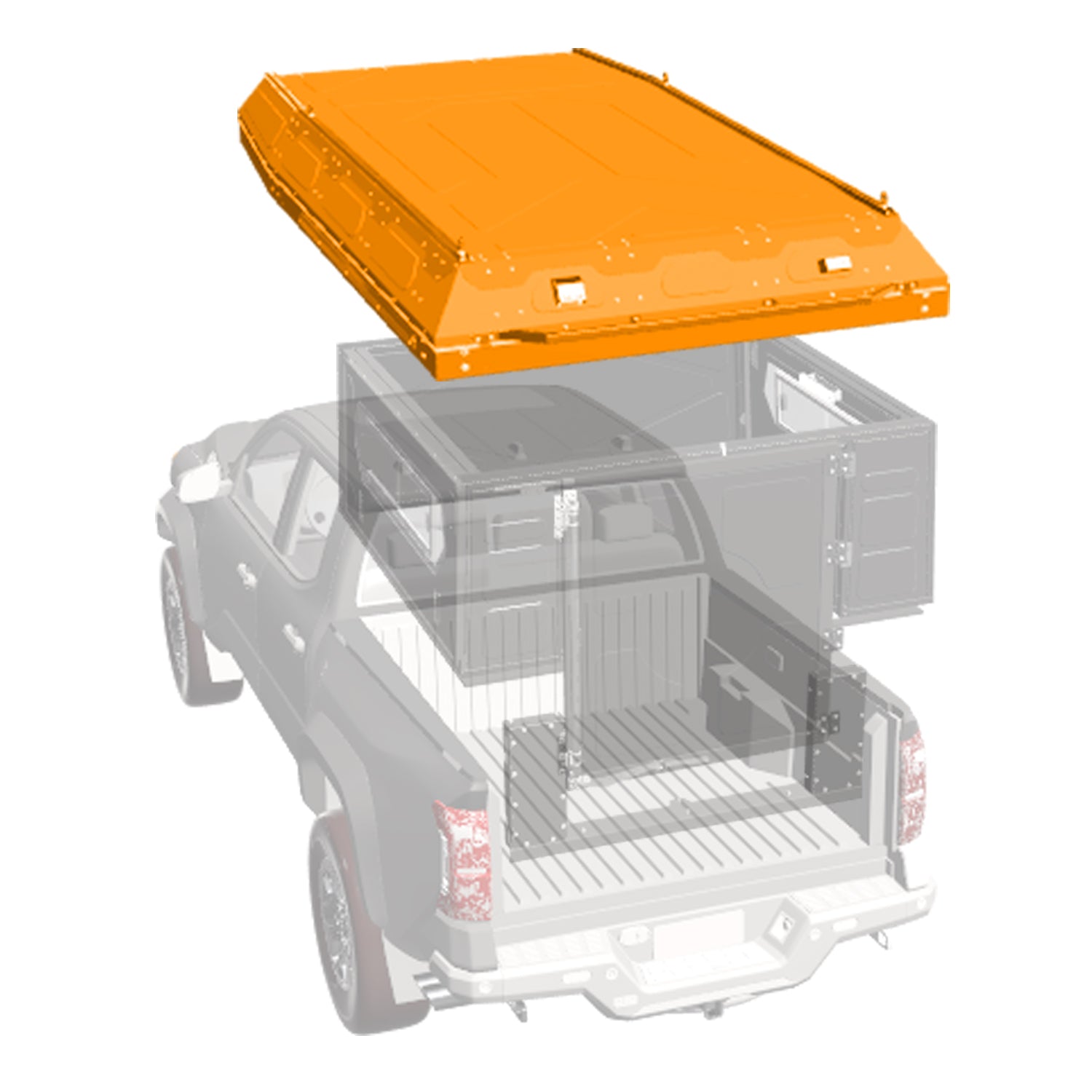 Zeichnung des Aufbaus des ModCAPs  auf einem Offroad Fahrzeug mit Fitting Kit, Base und Dach. Das Dach bestehend aus einem Dachzelt ist Farblich hervorgehoben.