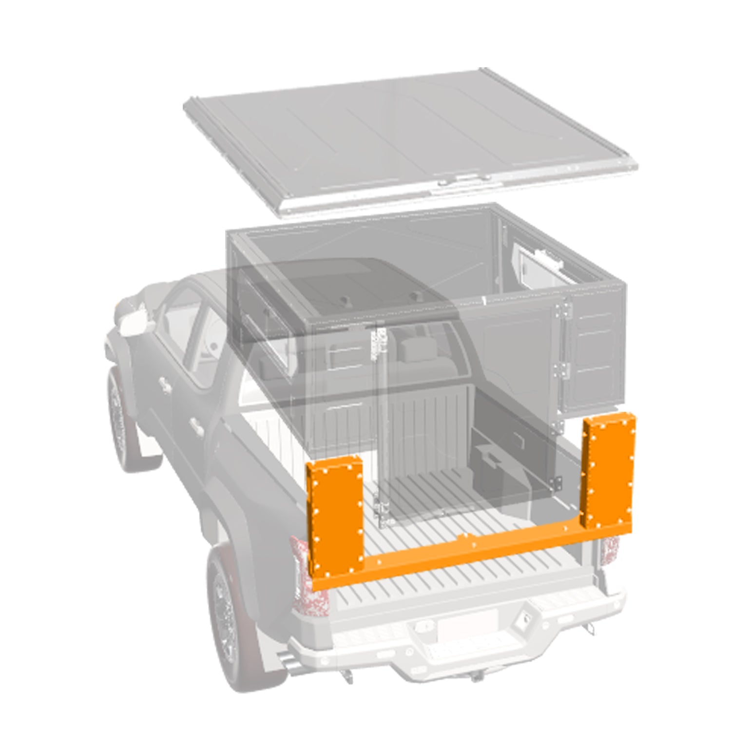 Zeichnung des Aufbaus des ModCAPs  auf einem Offroad Fahrzeug mit Fitting Kit, Base und Dach. Das Fitting Kit ist Farblich hervorgehoben.