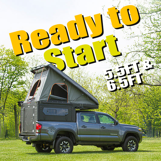 ModCAP Camper Ready to Start Variante für Fullsize 5.5Ft und 6.5Ft. Auf einem Pick-Up montiert. Mit aufgebautem Dachzelt.